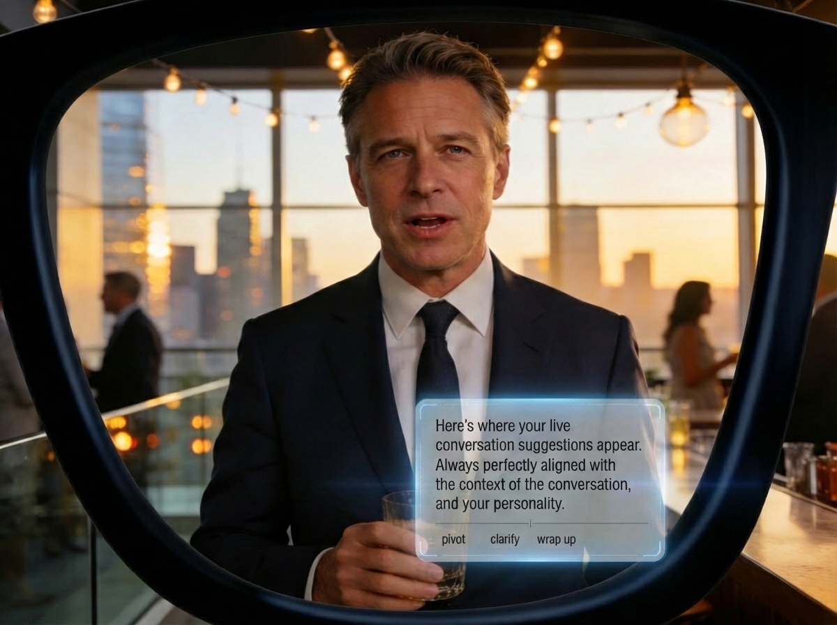 POV of a networking event with live prompts in-lens