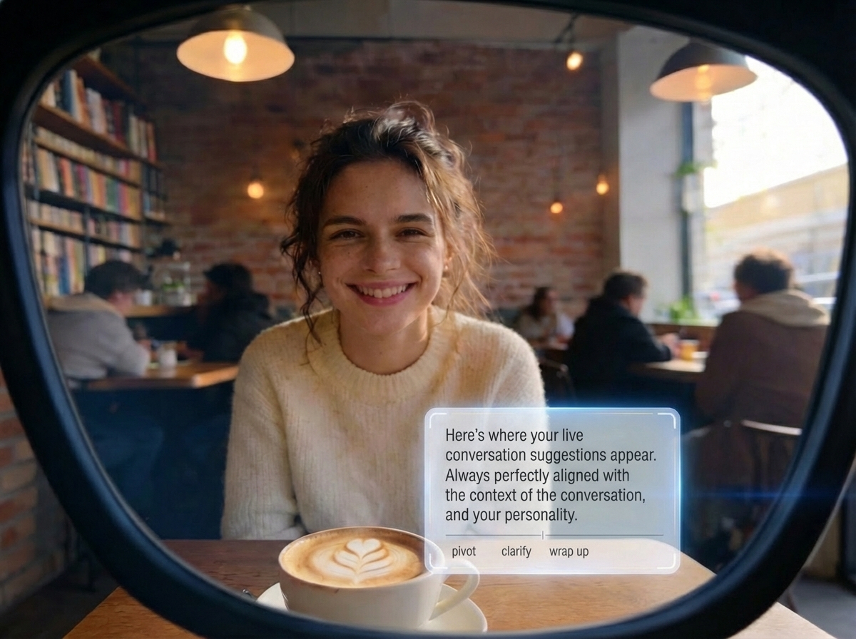 POV of a coffee date with SayThis guidance visible in-lens