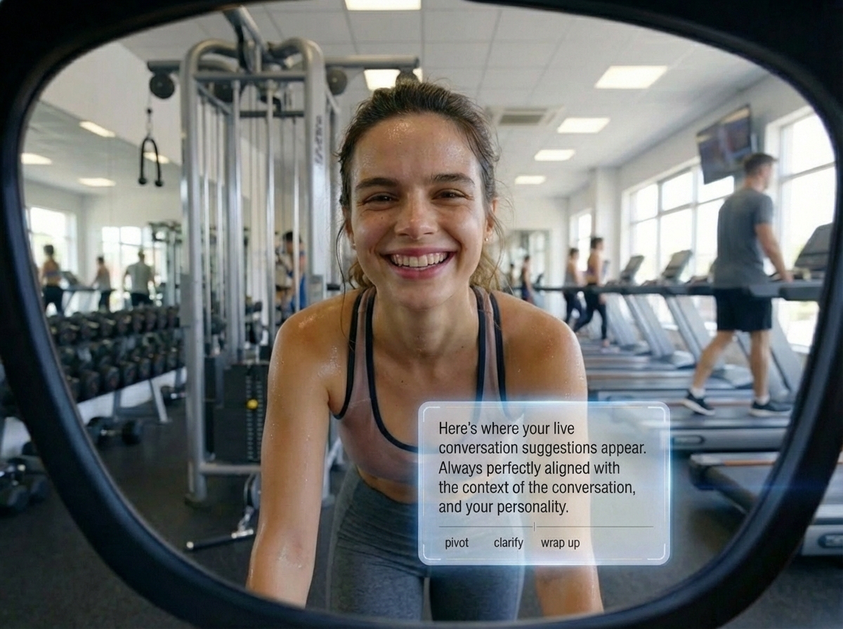 POV of a gym conversation with SayThis prompt overlay in-lens