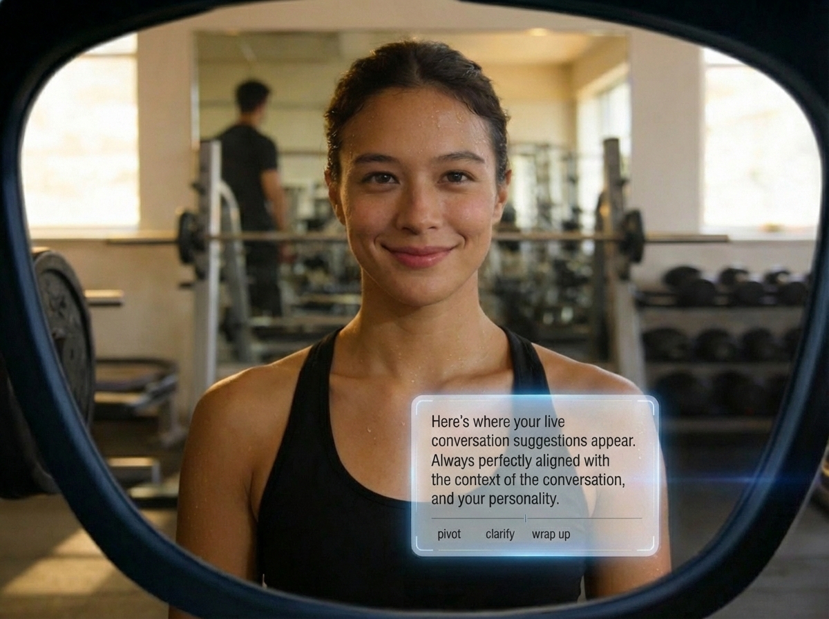 POV of a casual gym conversation with discreet prompts in-lens