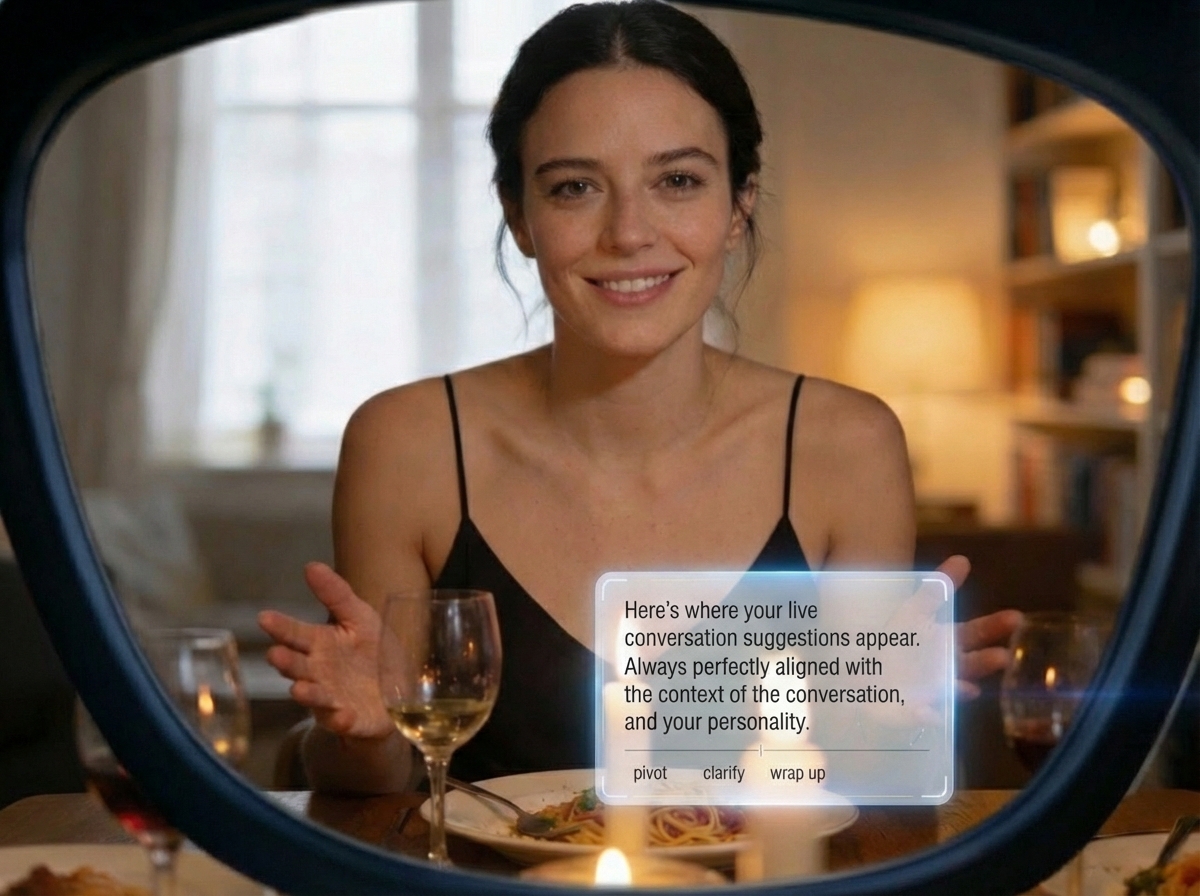 POV of an intimate dinner with SayThis prompt overlay in-lens