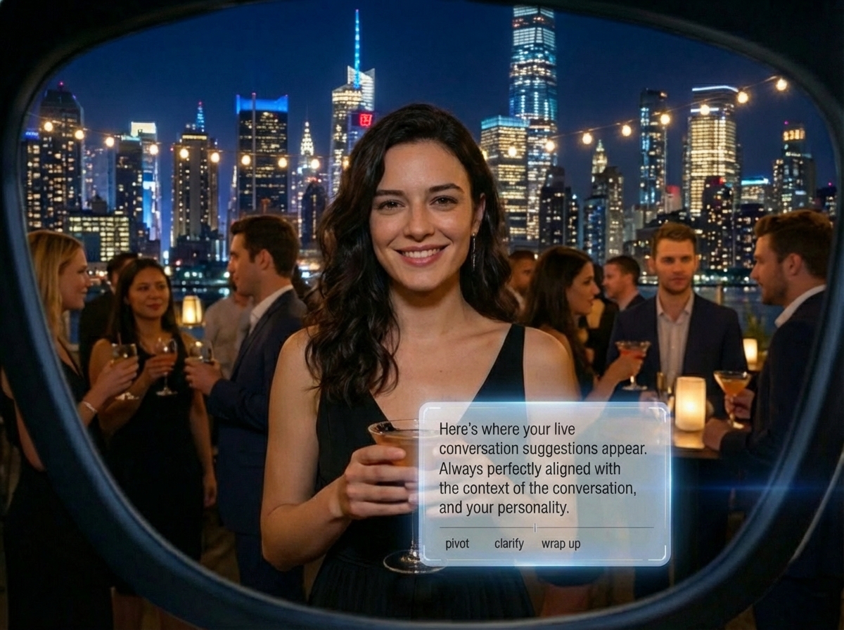 POV of a NYC rooftop bar at night with SayThis prompts in-lens