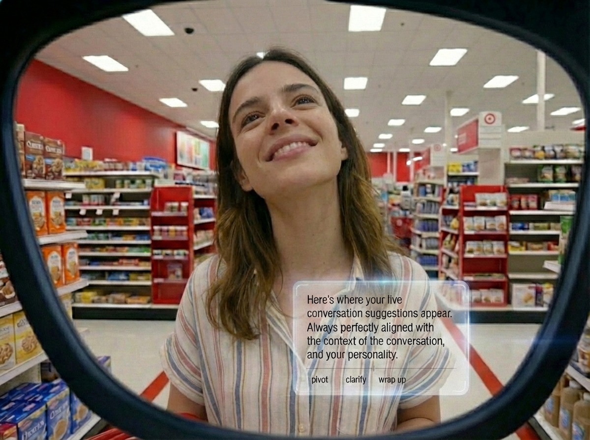 POV of meeting someone in a Target aisle with SayThis prompts in-lens